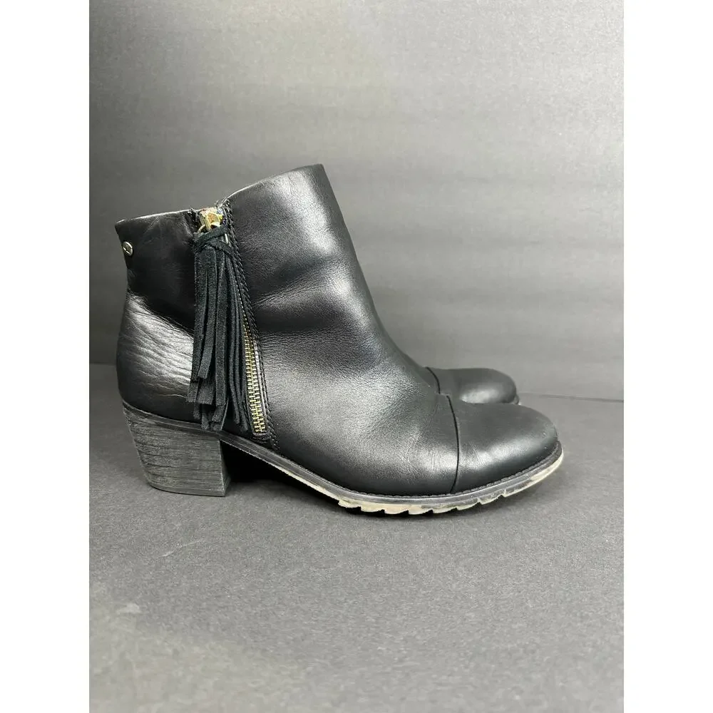 Pikolino Womens size 40 9 9.5 Andorra Black Leather Tassel Ankle Boots Side Zip